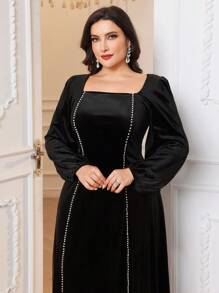 Modelyn Đầm Maxi Cổ Vuông Thanh Lịch Bằng Nhung & Ngọc Trai Cho Nữ - màu đen - Xem 7