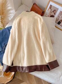 SHEIN Frenchy Plus Size Casual Daily Front Button Fleece Jacket, Autumn/Winter - Apricot - View 4
