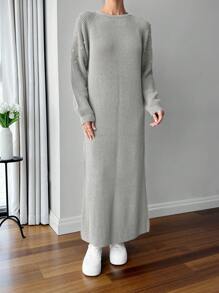 EURMUSE Round Neck Raglan Sleeve Maxi Sweater Dress With Beading - Light Grey - View 4