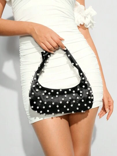 SHEIN BAE 女士优雅派对、婚礼、情人节晚会黑珍珠手提包