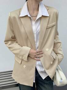 DAZY Solid Color Textured Loose Fit Women Blazer,Fall Clothes Business Attire - Beige - View 11