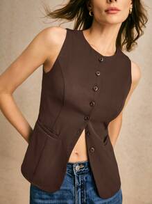 Poéselle Blusa casual de mujer de unicolor, cuello redondo, botones delanteros, sin mangas