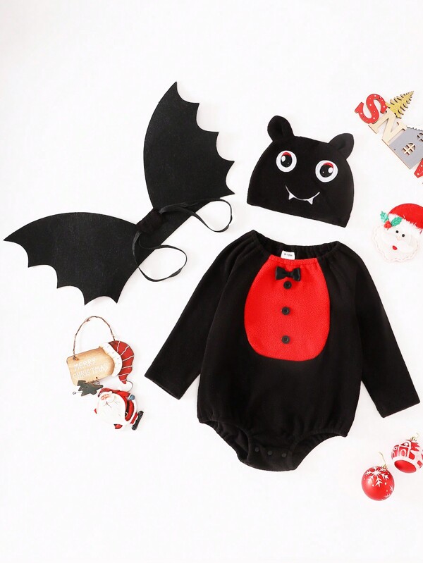 SHEIN Set de 3 piezas Traje de bebé recién nacido de niño y niña para Halloween con mono y alas de murciélago desmontables, disfraz para uso en primavera/otoño