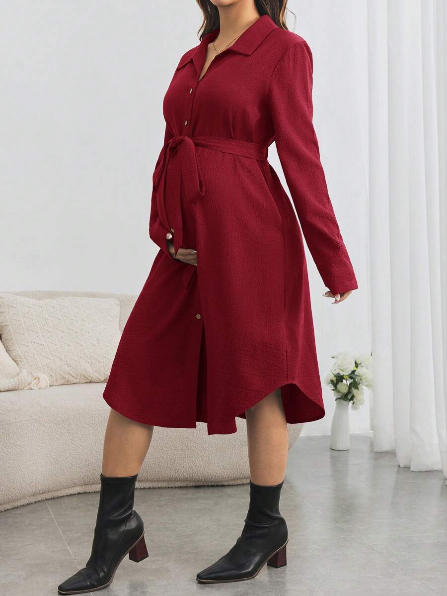 SHEIN 孕妇休闲纽扣衬衫裙，秋季长款宽松孕妇裙