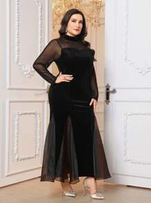 Modelyn Plus Size Women's Solid Color Stand Collar Mesh Long Sleeve Fishtail Hem Elegant Dress Maxi Women Outfit Long Evening Dresses