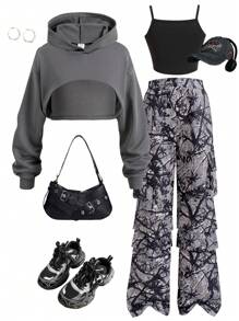 Conjunto de 3 piezas para niña preadolescente que incluye pantalón cargo, sudadera con capucha y camiseta negra sin mangas, conjunto genial para otoño/invierno