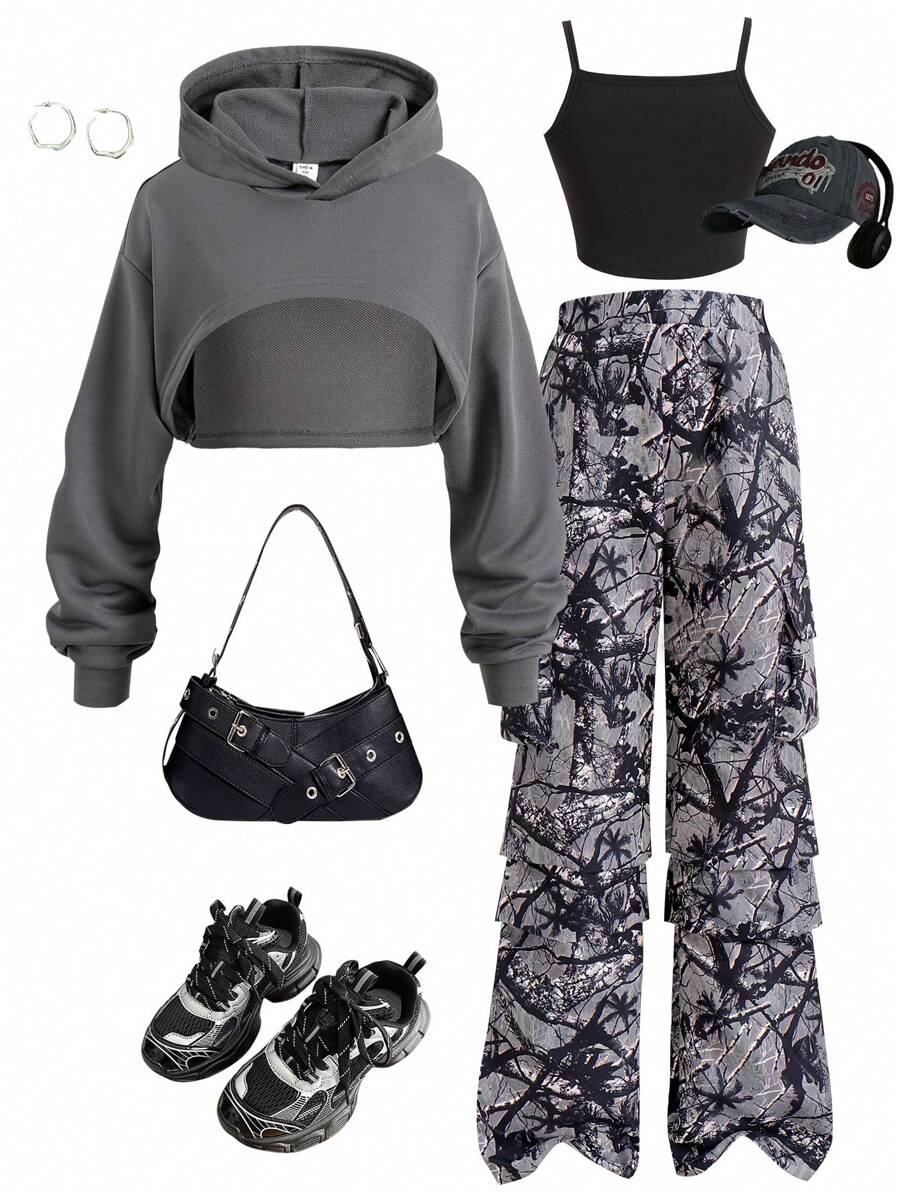 Conjunto de 3 piezas para niña preadolescente que incluye pantalón cargo, sudadera con capucha y camiseta negra sin mangas, conjunto genial para otoño/invierno