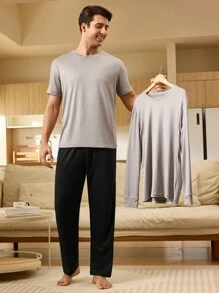 Conjunto de ropa de hogar para hombres con top de cuello redondo y pantalones de unicolor, simple y cómodo