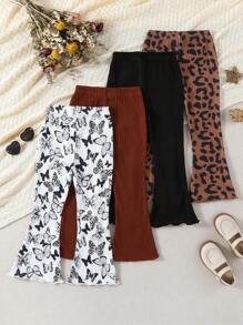 4pcs Young Girl Casual Multi-Color Butterfly & Leopard Print, Solid Color Versatile Flared Pants, Suitable For Spring & Autumn - Multicolor - View 2