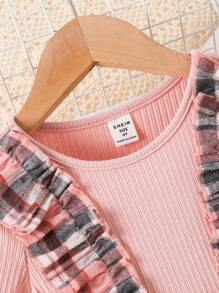 SHEIN Váy 2 trong 1 họa tiết kẻ caro viền bèo nhún tay bèo nhún nơ phía trước cho bé gái, thích hợp mặc thường ngày & đi học hàng ngày vào mùa thu đông - Hồng - Xem 4