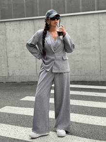 SHEIN EZwear Plus Size 3-Piece Suit Set: Retro Style Gray Blazer, Vest And Pants For Commuter Wear