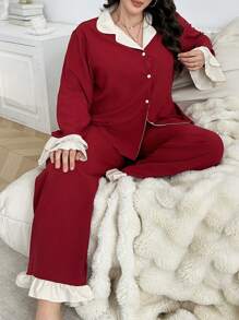 Snug Reverie Plus Size Two-Tone Ruffle Splice Bubble Chiffon Lapel Long Sleeve Top & Pants Pajama Set, Cozy Outfits, Fall Winter Clothes - Burgundy - View 5