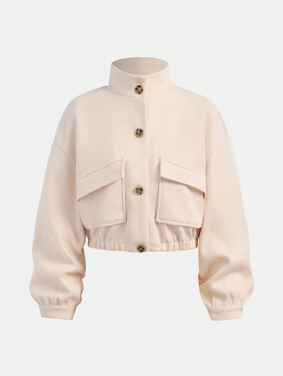 SHEIN Teen Girls Stand Collar Short Double Pocket Button Casual All-Match Jacket, Autumn