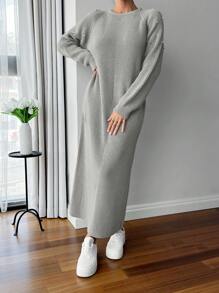 EURMUSE Round Neck Raglan Sleeve Maxi Sweater Dress With Beading - Light Grey - View 5