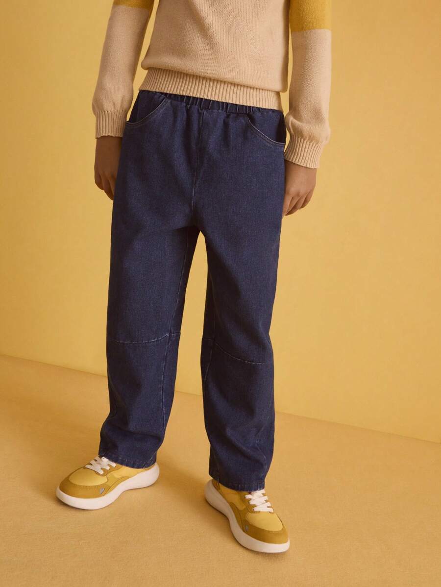 SHEIN Tween Boy 休闲松紧腰蓝色纯色口袋洗水牛仔裤，适合秋冬季 - 藍色 - 查看 1