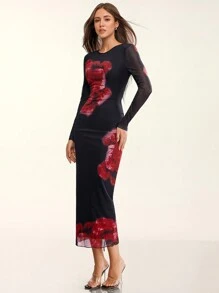 Glamine 1pc Women's Floral Print Backless Tie Back Mesh Floral Print Long Dress With Long Sleeves, Christmas Party Outfit - Red and Black - View 4
