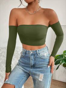 SHEIN PETITE Top court à épaules dénudées - Militaire verte - Voir 5