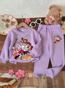 SHEIN Leap Crew 2pcs Young Girls Casual Loose Fit Crew Neck Thick Sweatshirt Set, Suitable For Autumn/Winter - Purple - View 1