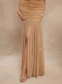 L'Amorae Crossed Back Mesh Center Slit Dress