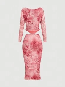 SHEIN MOD 2pcs Plus Size Lace Patchwork Rose Print Long Sleeve Bustier Top And High Slit Maxi Skirt Set, Vintage Romantic Date Night Skirt, Formal Ball Gown - Pink - View 2