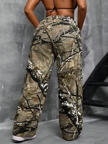 SHEIN SXY 大码女式街头风格全图案印花抽绳腰部宽松阔腿牛仔裤