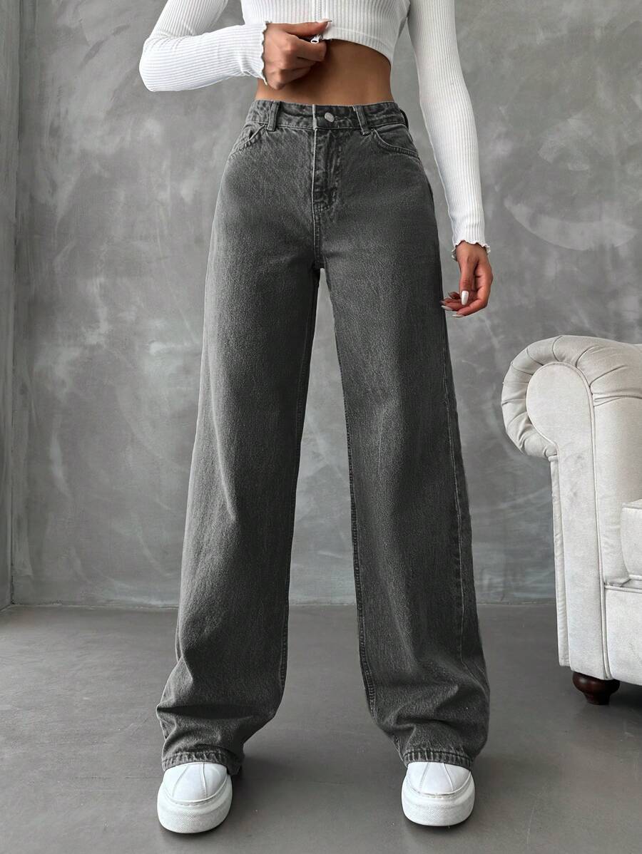 SHEIN Cottnline سراويل جينز نساء الفضفاضة ذات الساق العريضة، ذات سحاب، باللون الأسود، كاجوال - رمادي غامق - مشاهدة 1