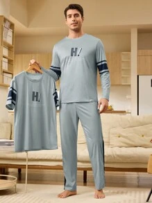 Men Crew Neck Long Sleeve Solid Color Patchwork Letter Print Simple Top And Pants Casual Pajamas Set - Grey - View 1