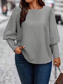 EMERY ROSE Plus Size Casual Plaid Buttoned Back Long Sleeve Shirt, Autumn - Black and White - View 4