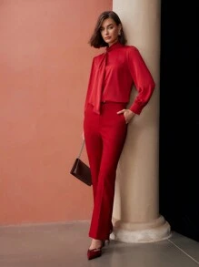 MOTF PREMIUM ÁO BLOUSE CỔ TRẮNG CÓ KHÓA ĐÁ NHỰA - Đỏ - Xem 5