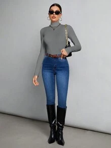 SHEIN Tall Simple Solid Color Slim High Collar White Top Suitable For Autumn And Winter, Tall Women - Grey - View 4