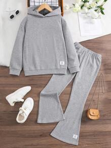 Tween Girl 2pcs Tween Girl Set - Ribbed Sleeve Hoodie & Wide Leg Pants - Grey - View 6