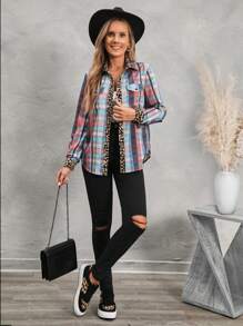SHEIN LUNE Casual kleurrijk geruit overhemd met patchworkprint voor dames
