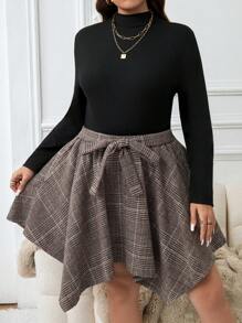 SHEIN LUNE Vestido de talla grande para mujer con cuello de tortuga asimétrico negro a cuadros, vestido de invitada de boda de otoño