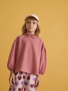 SHEIN Young Girl Pink Solid Color Ruffle Trim Loose Lantern Sleeve Round Neck Blouse For Autumn - Pink - View 4