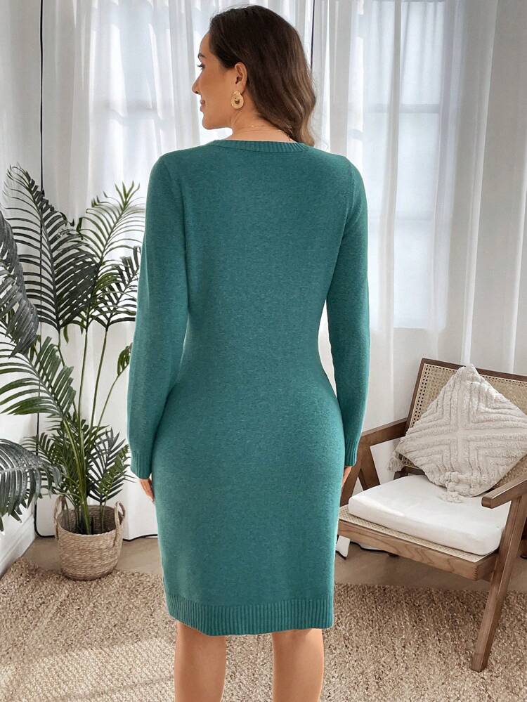 Autumn & Winter Women Green Dress,Christmas Dress, Plain Crew Neck Casual Long Sleeve Sweater Dress