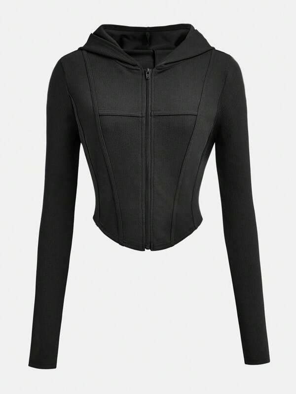 SHEIN Girlism Chaqueta deportiva casual con capucha y cremallera, acortada, de punto, para adolescentes