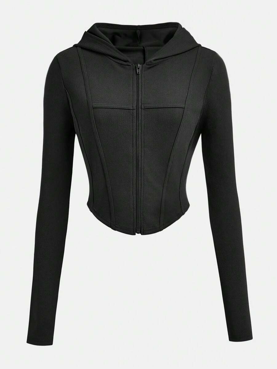 SHEIN Girlism جاكيت رياضية كاجوال قصيرة مزودة بسوستة وكابوشون مُحاكة للفتيات المراهقات - الأسود - مشاهدة 1