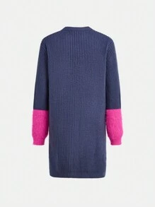 Tween Girl Patchwork Contrast Color Fluffy Sleeve, Full Embroidered Round Neck Knit Dress, Exhibits Elegant And Graceful Style. Suitable For Outings And Autumn/Winter Wear, Comfortable And Fashionable.