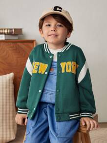 Cozy Pixies Young Girl Letter Print Color Block Casual Knitted Baseball Jacket - Green - View 5