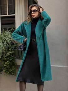 SHEIN Unity Solid Color Double-Breasted Elegant Long Sleeve Coat For Autumn/Winter - Green - View 4