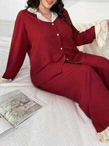 Snug Reverie Plus Size Two-Tone Ruffle Splice Bubble Chiffon Lapel Long Sleeve Top & Pants Pajama Set, Cozy Outfits, Fall Winter Clothes - Burgundy - View 4