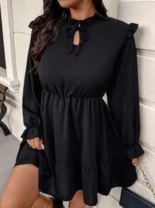 SHEIN Frenchy Plus Size Casual Elegant Solid Color Ruffle Hem A-Line Dress - Black - View 6