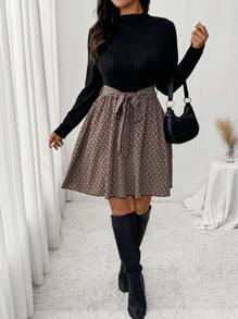 SHEIN Frenchy 大码休闲花卉印花拼布 A 字腰收腰连衣裙