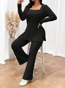 SHEIN Frenchy Plus Size Textured Stripe Open Neckline Long Sleeve T-Shirt And Straight Leg Pants Two Pieces Outfits