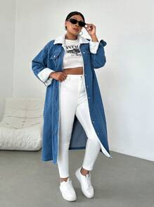 SHEIN Essnce Plus Size Denim Jacket, Casual Mid-Length Long Sleeve, Blue