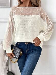 Reflora Damen Spitzenbesatz Patchwork Langarm Strickpullover