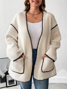 Flirla Plus Size Women Contrast Piping Drop Shoulder Loose Pocket Belted Teddy Fleece Jacket, Autumn/Winter - Apricot - View 4