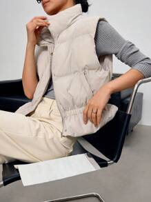 EastFlair Women High Collar Zipper Pocket Sleeveless Winter Padded Vest Jacket - Grey - View 8