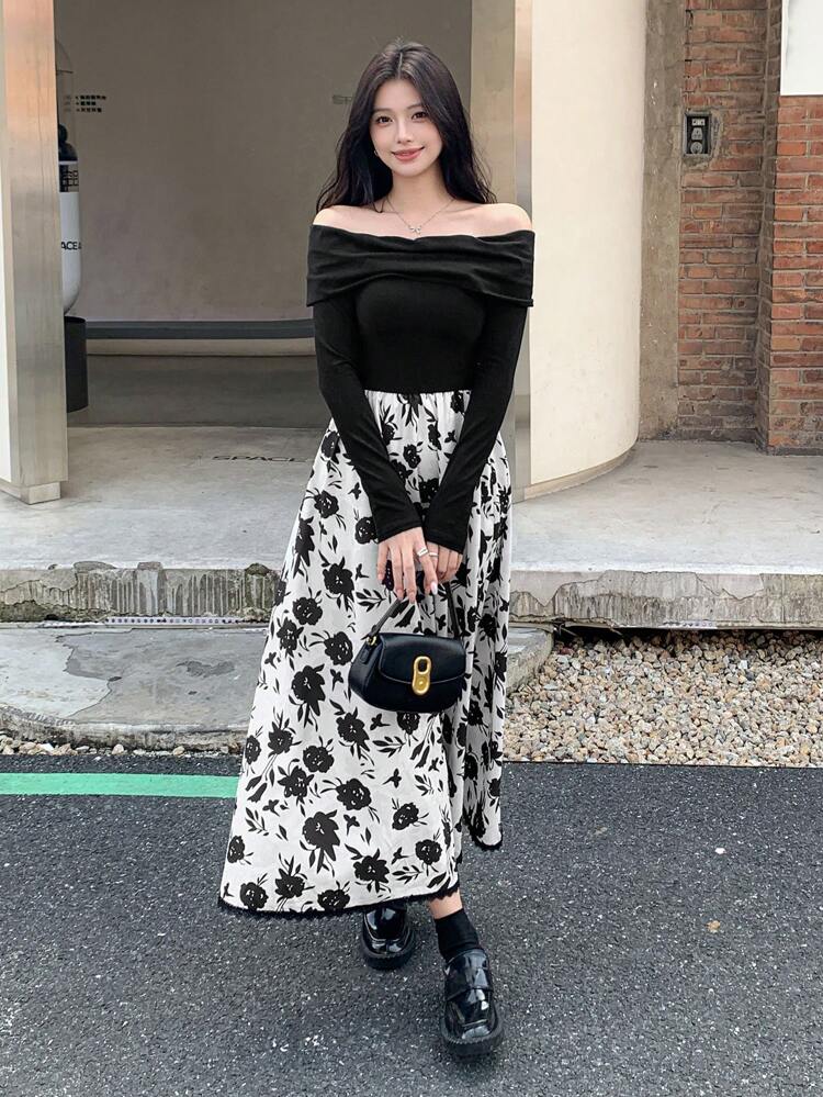 Women's Elegant Color Block Floral Print Off Shoulder Long Dress, Autumn,Fall Women Clothes