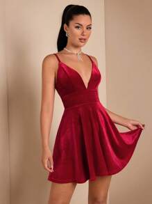 SHEIN BAE Women's Velvet Deep V-Neck Backless Mini Party Dress, Suitable - Red - View 7